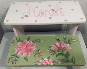 Green and pink Vintage floral, all hand painted, bathroom stool, personalized , nursery decor baby, custom Step stool for girls kids toddle