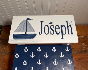 BOYS Sailboats, anchors, STOOL Nautical decor, nautica, Sea Ocean, bathroom decor, personalized gifts, baby nursery gifts, navy blue grey.