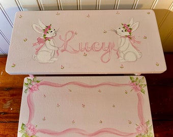 Personalized Step Stool for GIRLS Nursery, toddlers and kids,Bunnies, rabbit, floral watercolor, bath decor, baby pink green, hand painted,