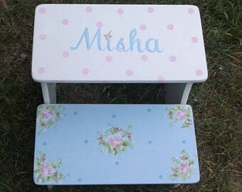 Girls Step Stools, Hand painted Roses, Pink, SKY Blue, Steps Stools, Chic, Personalized, Childs, Kids, Bathroom Stools, Chic romantic