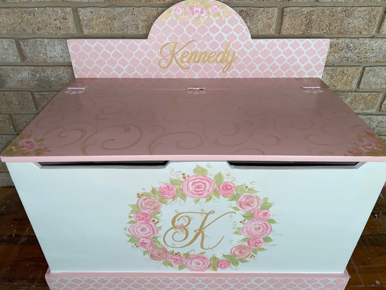 Personalized Girls Toy Box, pink Swans, Roses, Gold Pink, Hand made toy box,storage chest, gift, nursery baby gift, Girls. image 7