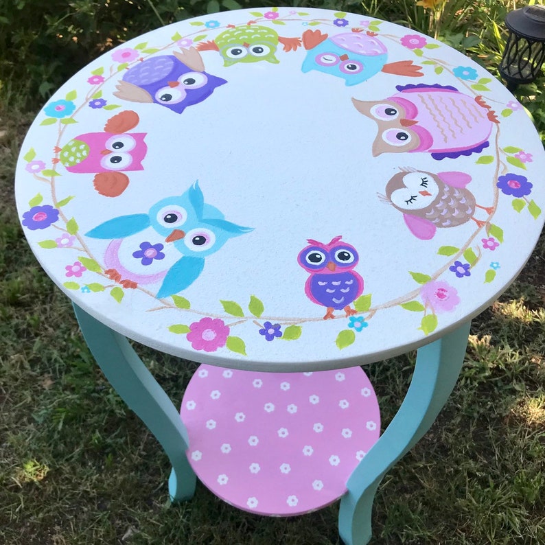 Hand Painted Round Side Table Nursery End Table Nightstand Etsy