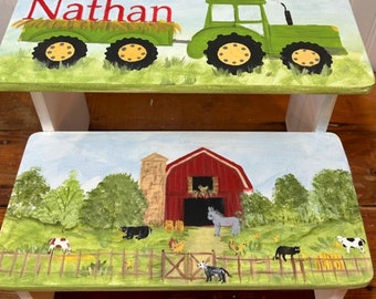 Barn yard farm NURSERY, TRACTORS horses cows, bathroom stool, personalized gifts, boy or girl step stools, baby  gift, reds greens yellows