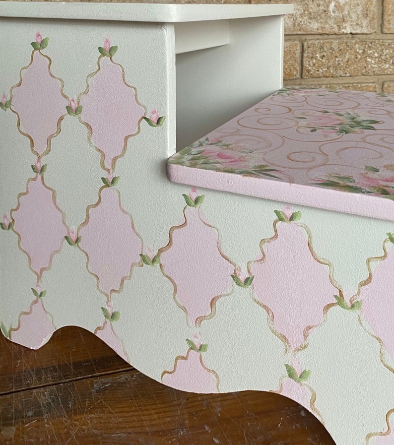 Hand Painted Pink Roses Gold Nursery Decor Bathroom Stool Etsy
