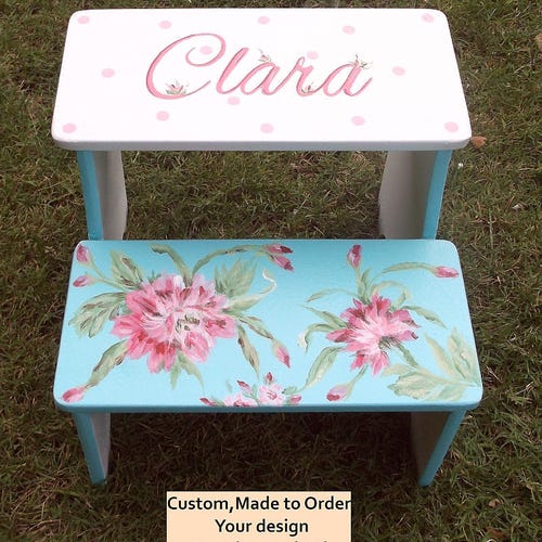 Hand painted, Childs shops bathroom stool, Toddlers, Personalized, Vintage Floral,Girls,Nursery Decor, Custom Made vintage decor kitchen stool