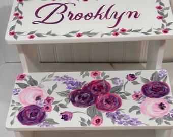 Romantic Vintage roses,Cottagecore,  pink purple grey, Plum Berry, kitchen  bathroom stool, personalized gifts, any color.  or inspiration
