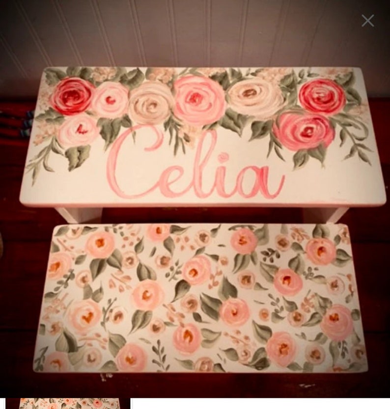 Girls Personalized Step Stool, Kids Furniture, Roses, Romantic Floral, Bathroom Stool, baby Nursery gifts, Black Stripes image 4