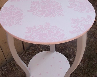 Lamp Tables, Side Tables, Custom Round,Night Stand, Pink Grey Damask, End Table, Nursery lamp table, Kids Childrens,Teen Adults Entry stand