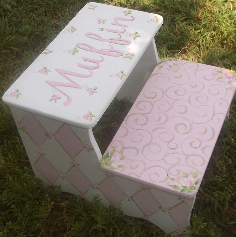 Hand Painted Pink Roses Gold Nursery Decor Bathroom Stool Etsy