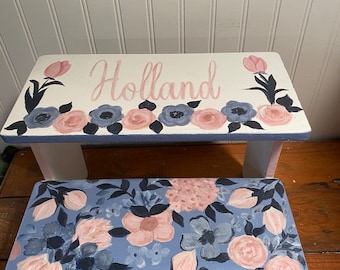 Watercolor roses, blush, pink steel blue  navy,pink, bathroom stools,nursery, baby gifts, girls room,sweet floral, personalized free