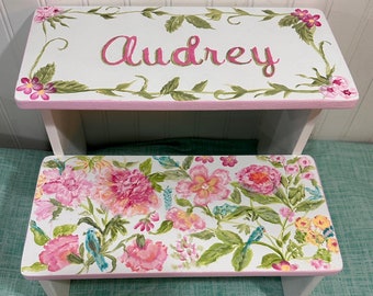 Floral Girls Step Stool,  Pink, peachy Roses, Blues Birds Blooms,personalized gift, Bathroom stool, Closets Teen Baby Nursery