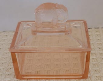 Antique Pink Elephant Glass Depression Era Cigarette/Trinket Box