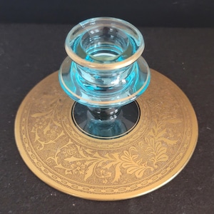 Set of 2 Fostoria Electric Blue Glass Candlestick Holders with Gold