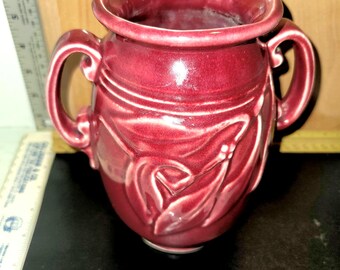 Vintage Maroon Vine Embossed Vase With Double Handle Marked USA