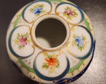 Vintage Blue Purple & Red Flowers Porcelain Hair Receiver/Keeper with Gold Accents