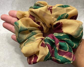 Jumbo Scrunchie -Giant Scrunchy -Burgundy Beige Green  Hair Tie-Repurposed Fabric Scrunchies from Sari-Eco Scrunchie Gift -Recycled Hair Tie