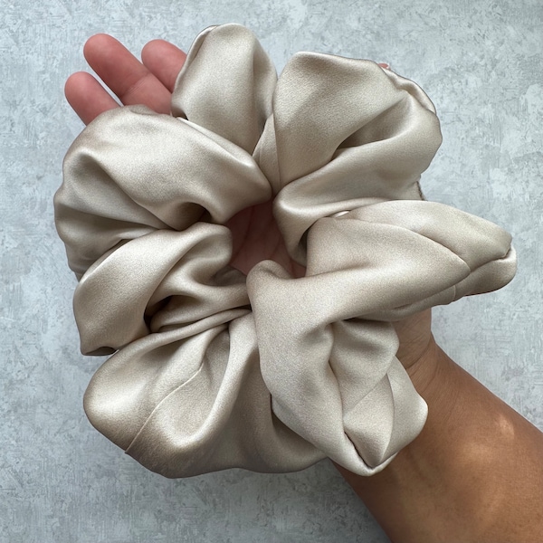 Pure Silk Jumbo Scrunchie  - Champagne Large Scrunchie - Silk Hair Tie - Eco Silk Scrunchies-Repurposed Neutral Beige - Silk Gift for Her