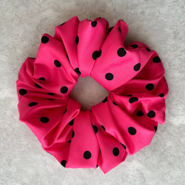 Jumbo Polka Dot Scrunchie | Hot Pink and Black Ponytail Holder | 80s Retro Hair Ties | Oversize Recycled Fabric Scrunchie | 80s Girl Gift