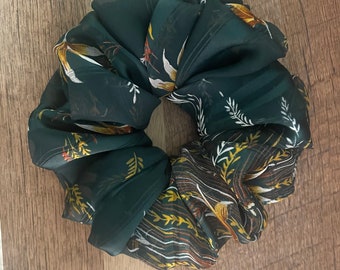 Green Floral XL Scrunchy -Large Dark Green Scrunchie- Recycled Hair Tie-Eco Scrunchies- Repurposed Sari