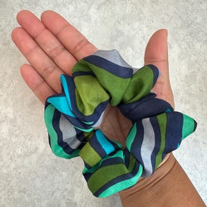 Handmade Striped Silk Scrunchy: Navy, Green, & Teal Hair Tie