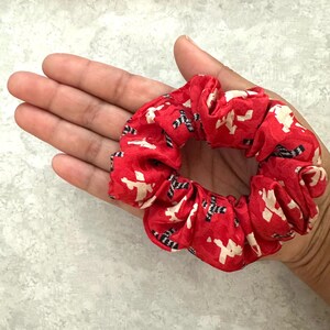 Pure Silk Red Scrunchie - Eco Recycled Vintage Silk Scrunchie - Womens Silk Hair Tie - Repurposed Silk Red Black & White Hair Tie