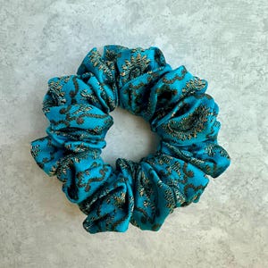 Blue & Gold Paisley Scrunchie: Upcycled Saree Fabric Hair Tie