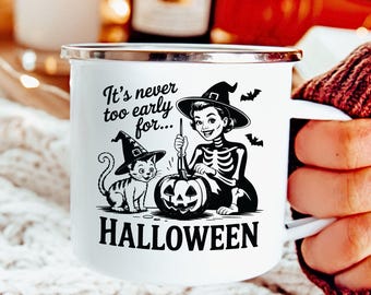 Caneca retrô de esmalte assustadora para o Halloween, bruxa vintage, caneca para camping.