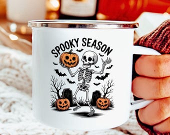 Halloween Emaille Becher, Gruseliges Saison Skelett, Kürbis Friedhof Camping Tasse
