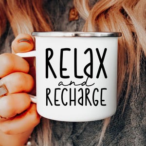 Relax and Recharge Mug - Self Care Coffee Cup for Women - Minimalist Calm Quote Mug - Mental Health Gift for Her - Cozy Morning Mug