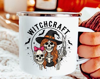 Caneca de esmalte com tema de bruxaria | Esqueleto gótico, chapéu de bruxa, clima de Halloween