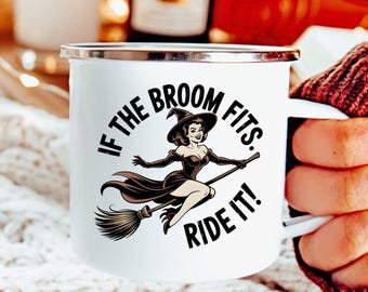 Caneca de esmalte com tema de bruxa para o Halloween, caneca de café divertida, bruxa pin-up retrô