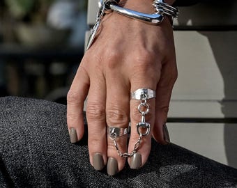 Adjustable double silver rings with chain and horse bit, equestrian brass chevalier rings,
