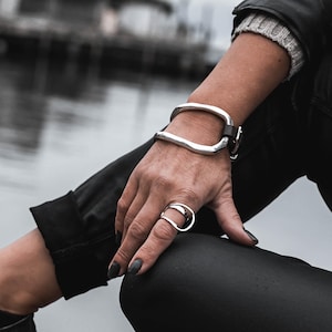 Bold metal and leather bracelet, unisex edgy and unique jewelry
