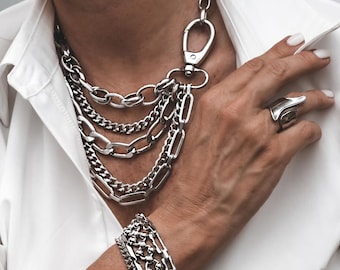 Collier ras-de-cou audacieux en acier inoxydable à plusieurs couches (avec grand fermoir mousqueton pivotant)