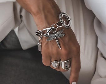 Gros bracelet pendentif libellule, plaqué argent sterling, chaîne à maillons en acier inoxydable, cadeau pour elle