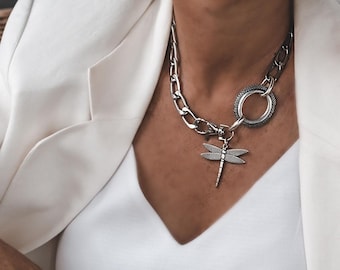 Collier pendentif libellule imposant, plaqué argent sterling, chaîne à maillons en acier inoxydable