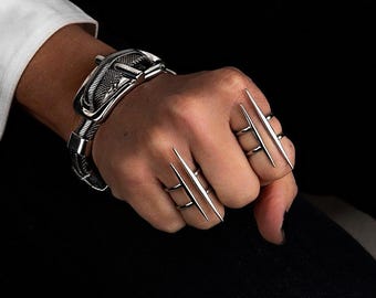 Bague double barre en acier inoxydable, bague décorative à barres irrégulières et originales