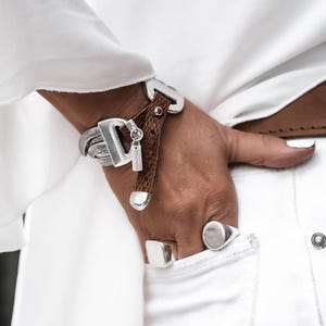 Bold snake chains bracelet with neutral woven leather band, unique metal and leather bracelet, Otherwise Jewelry Designs