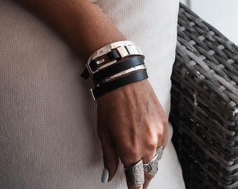 Bracelet triple tour en cuir et argent sterling : Manchette unisexe au style affirmé