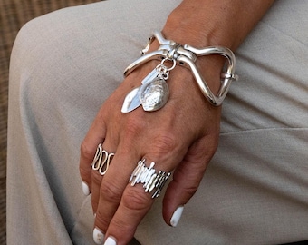 Unique Unisex bracelet with leaf pendants, Chunky and Bold cuff for a statement look, Best seller and with highest reviews in my other shop!