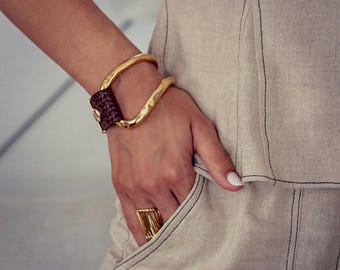 Edgy-chic gold-plated leather & metal bracelet