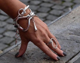 Unique edgy silver bracelet, chunky statement metal cuff