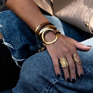 Unique wrap leather bracelet, edgy standout unode50 style bracelet in brown leather and hammered gold loop metal and bangle