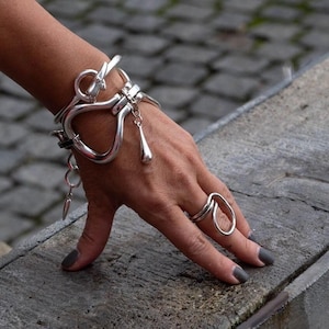 Unique edgy silver bracelet, chunky statement metal cuff