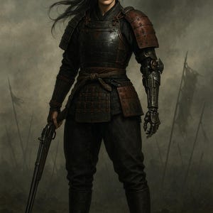 Set di decorazioni murali Samurai Woman - Ritratto di un guerriero feroce e scena d&#39;azione / Download digitale del Giappone feudale per esposizione interna