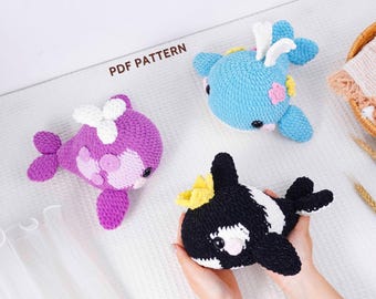 Trio de Baleias em Crochê: Baleia Esguichando Água, Baleia Coroada, Baleia Azul, Amigurumi de Animais Marinhos