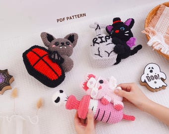 Pacote de padrões de crochê de animais para o Halloween, incluindo coelho, gato e morcego em formato PDF digital.