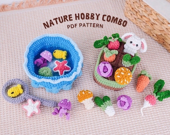 Nature Hobby Crochet Patterns Bundle, Angelzubehör Tasche Muster, Kleiner Gemüsegarten Muster, DIY Plushie Tutorial, PDF Häkelanleitung