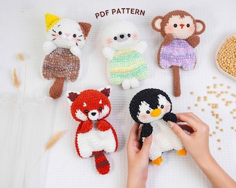 Cozy Bean Plush Collection Häkelanleitungen, Katzen-Muster, Roter Panda-Muster, Pinguin-Muster, Affe-Muster, Robben-Muster, Digitale Anleitung