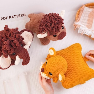 Niedliches Häkelmuster-Set für Kuschelkissen, Anleitung für ein Wollmammut-Kuschelkissen, Anleitung für ein Tiger-Kuschelkissen, Anleitung für ein Kuh-Kuschelkissen, PDF-Anleitung
